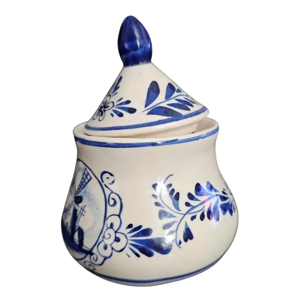 Vintage Delft Blue Holland Hand Painted Sugar Bowl Windmill Floral Lidded Jar